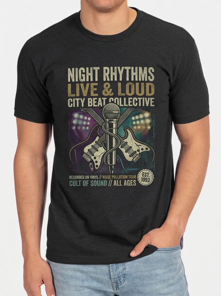 Men's Rock Band Music Lover Guitar Microphone Printed T-shirt