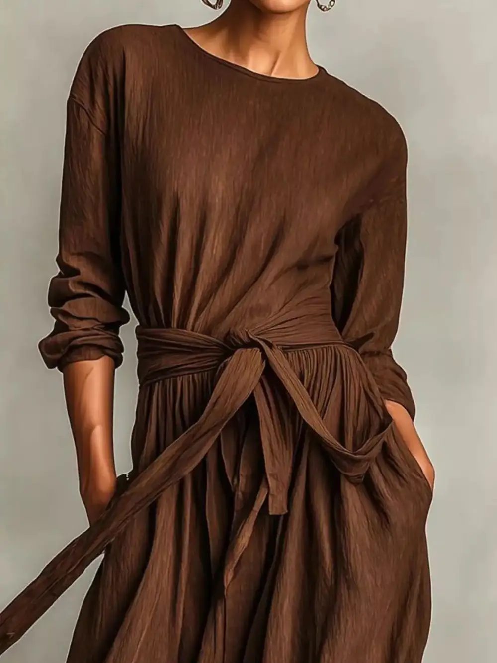 Relaxed Shape Tie Waist Long Sleeve Maxi Dress