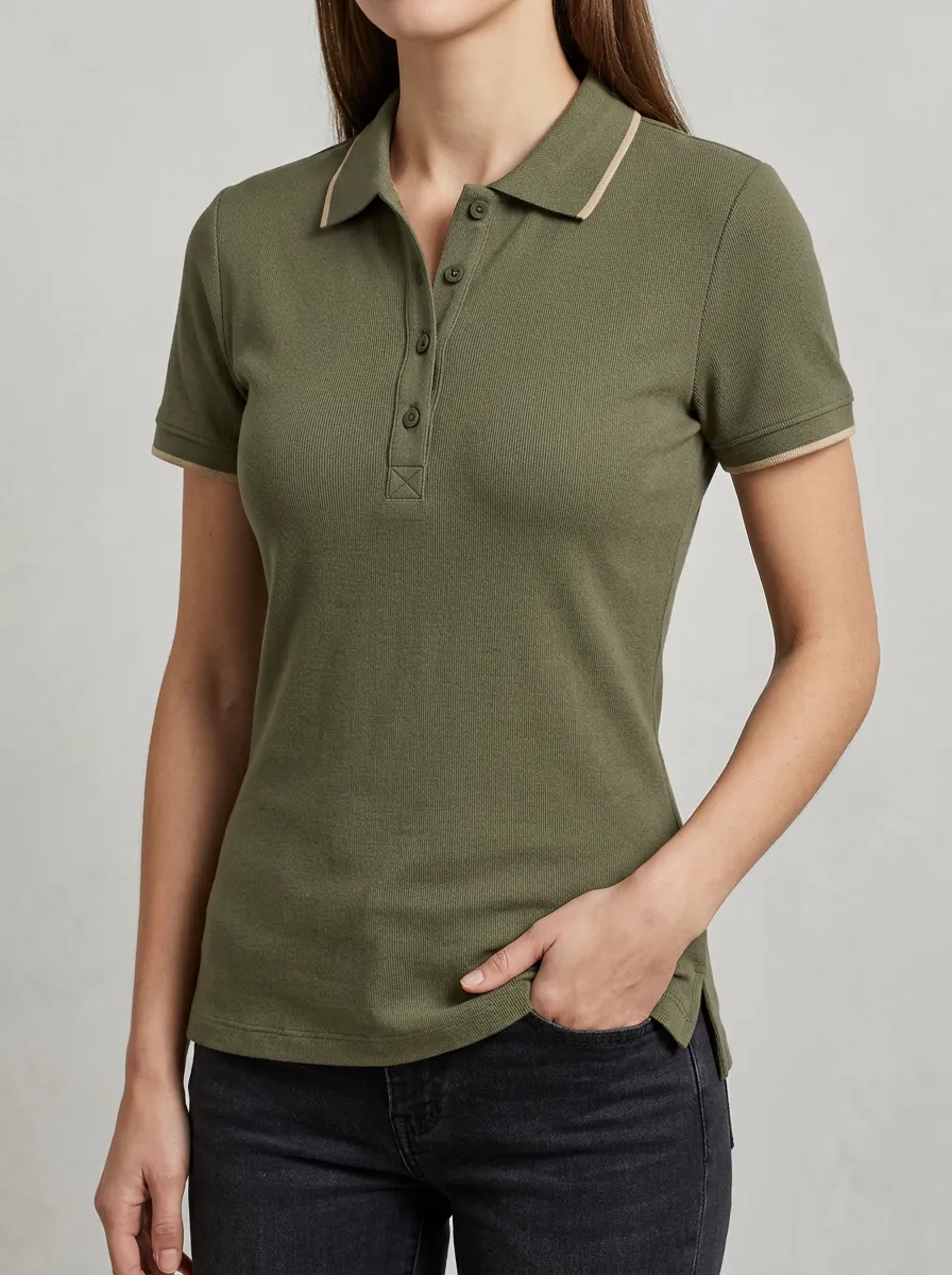 Women's Olive Green Contrast Trim Ribbed Polo Shirt