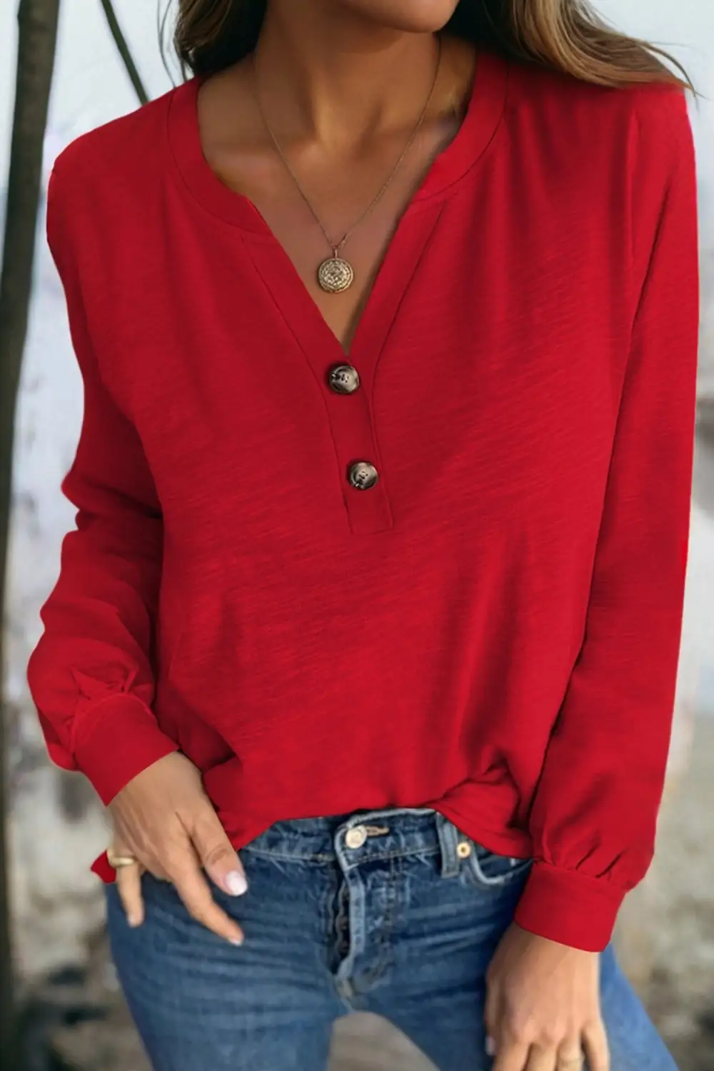 Solid V Neck Long Sleeve Women's Top