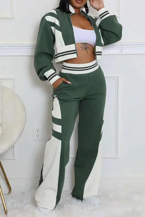 Colorblock High Neck Long Sleeve Pant Set