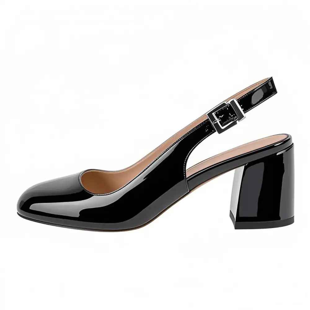 Round Toe Chunky Heel Slingback Pumps