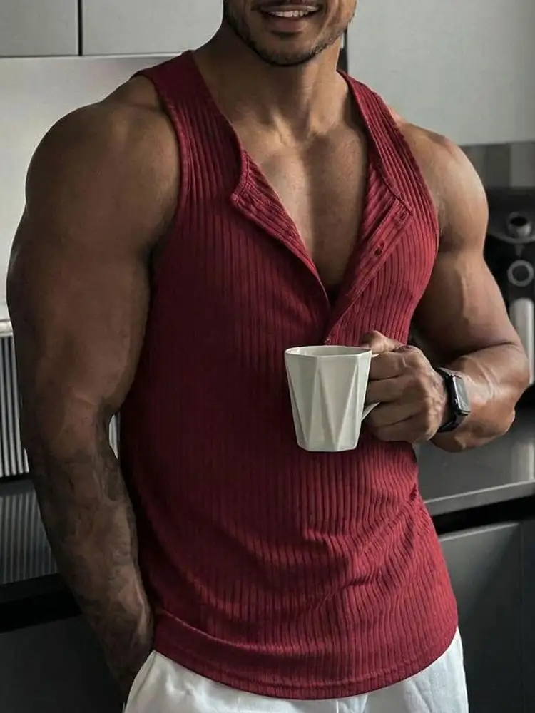 Casual Sporty Vertical Ribbed Henley Tank Top
