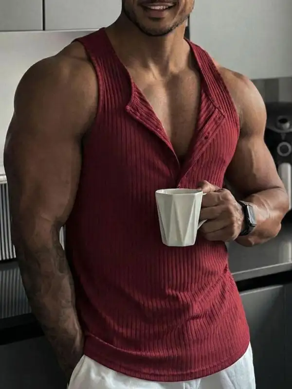 Casual Sporty Vertical Ribbed Henley Tank Top