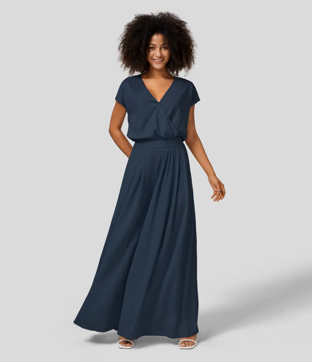 V Neck Short Sleeve Plicated Side Pocket Wide Leg Flowy Waffle Casual Jumpsuit
