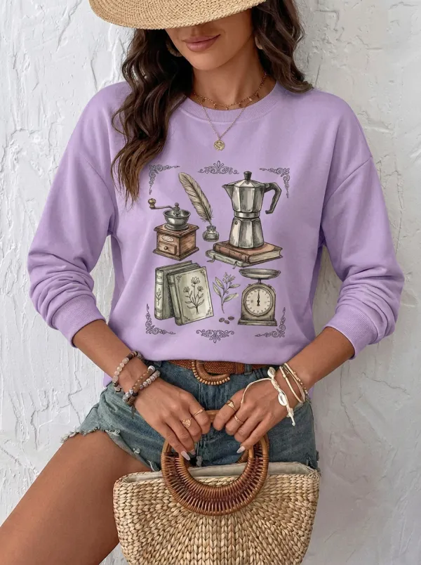 Women's Coffee Lover Vintage Stationery Printed Sweatshirt