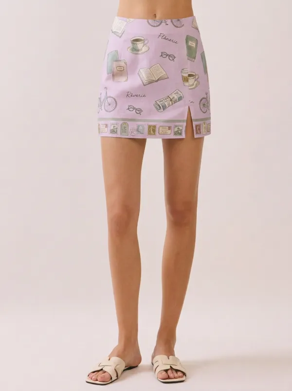 Women's Book Lover Coffee Bicycle Stamp Printed Mini Skirt