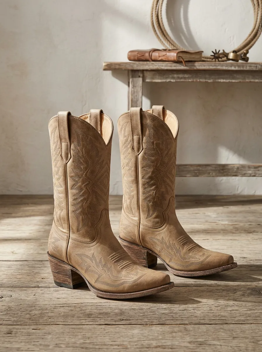 Unisex Heritage Western Cowboy Tan Embroidered Stitched Boots