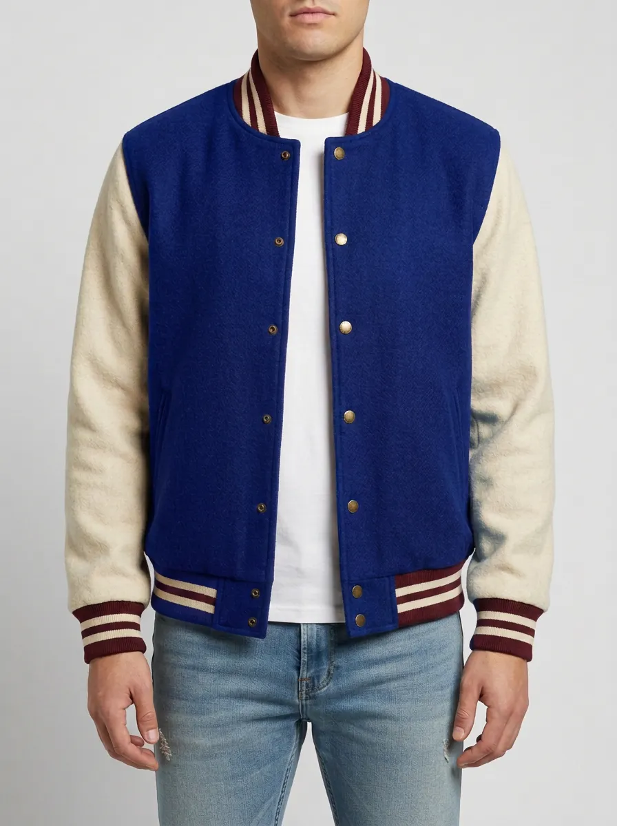 Men's Burgundy & Cream Snap-Front Wool Baseball Jacket