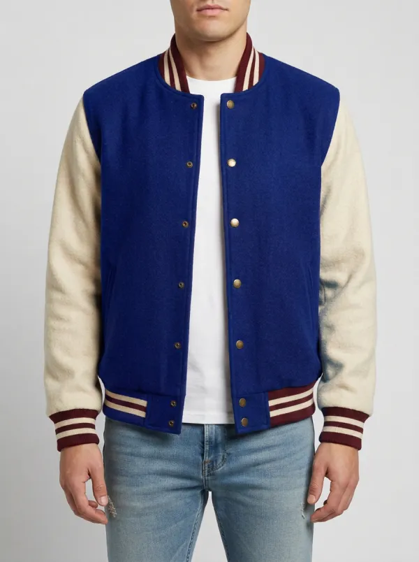 Men's Burgundy & Cream Snap-Front Wool Baseball Jacket