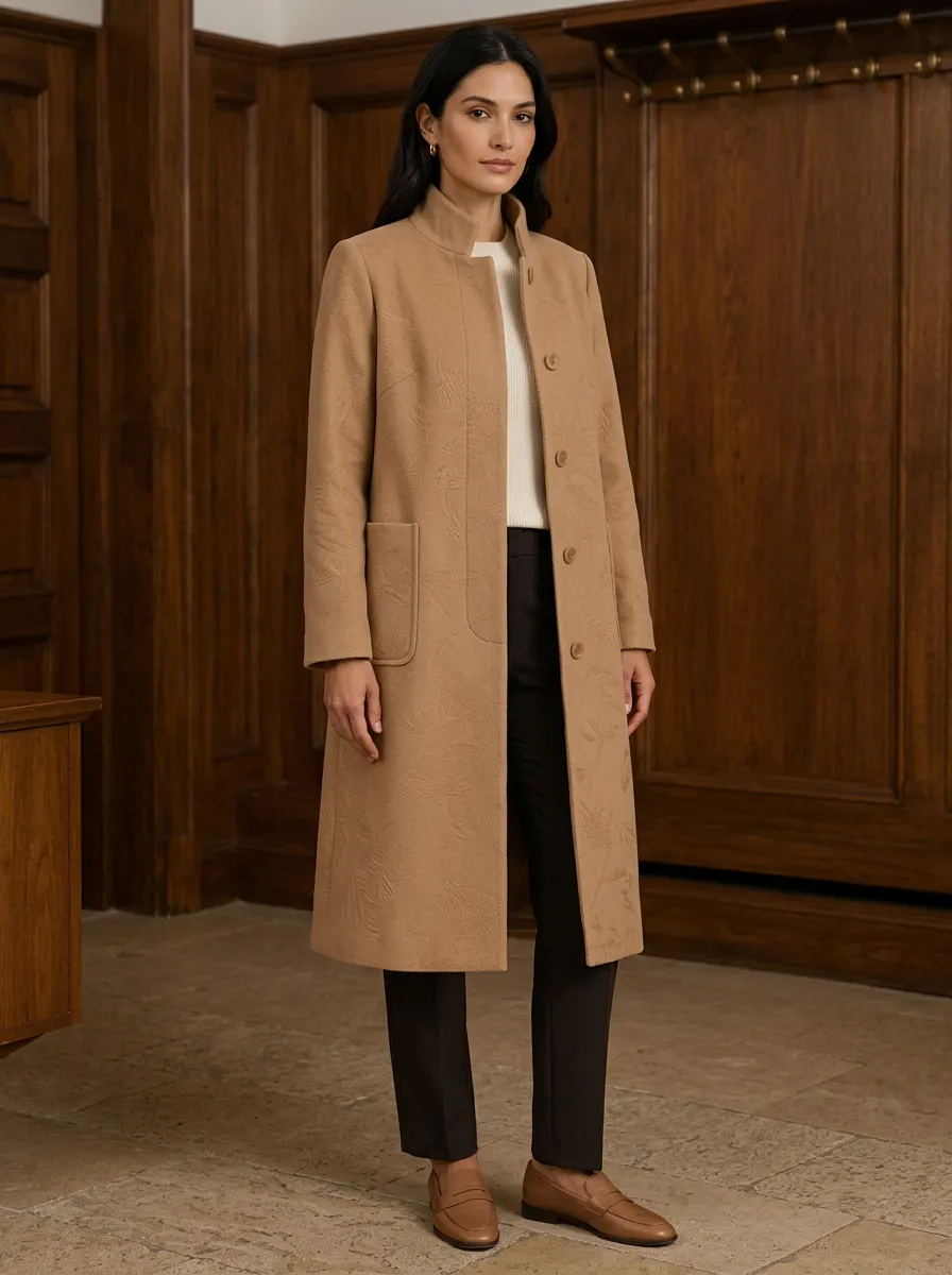 Women's Camel Floral Embossed Coat