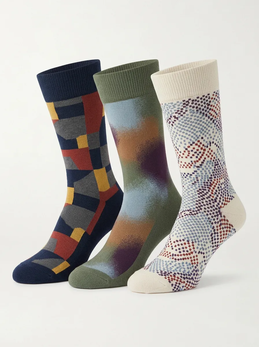 Men's Geometric Abstract Pattern Printed Three Pack Socks Mosaic Detail
