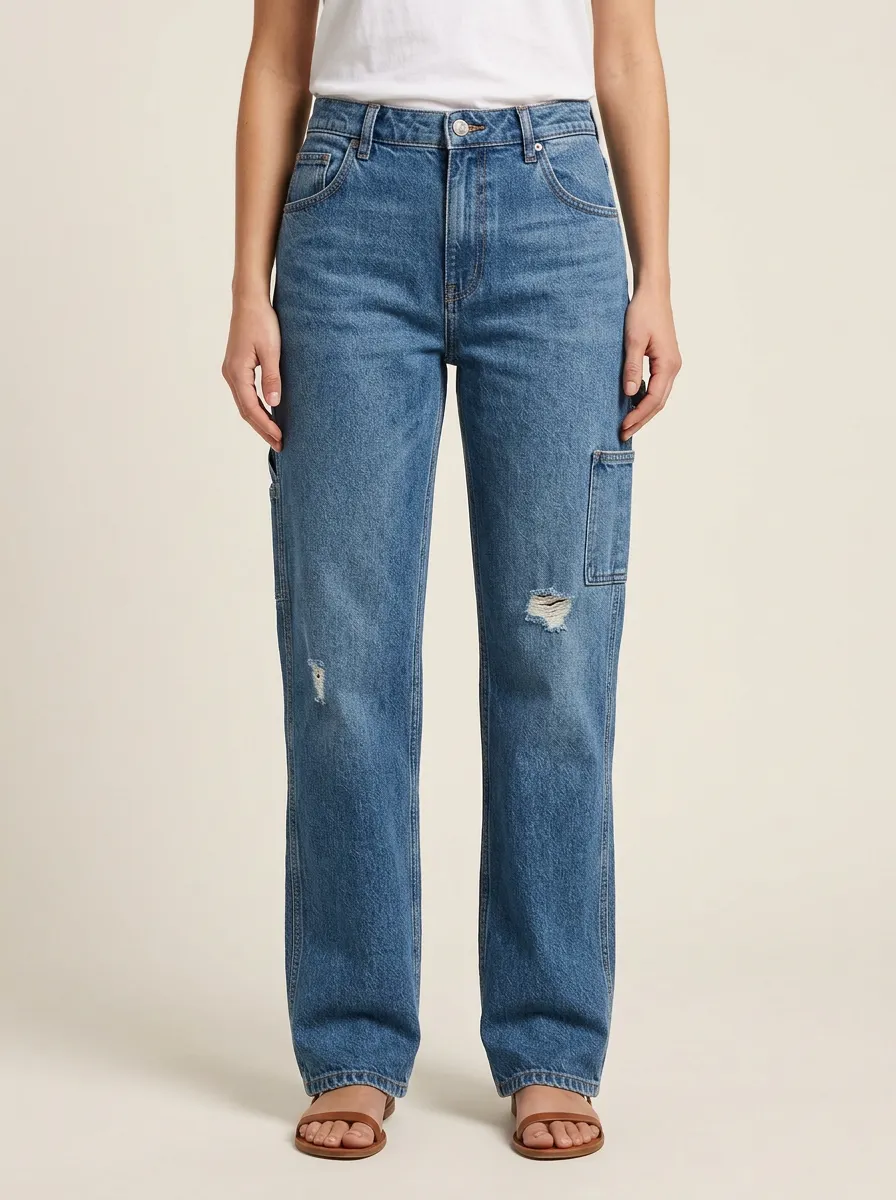 Women's Faded Utility-Pocket Distressed Mid-Rise Straight-Leg Jeans