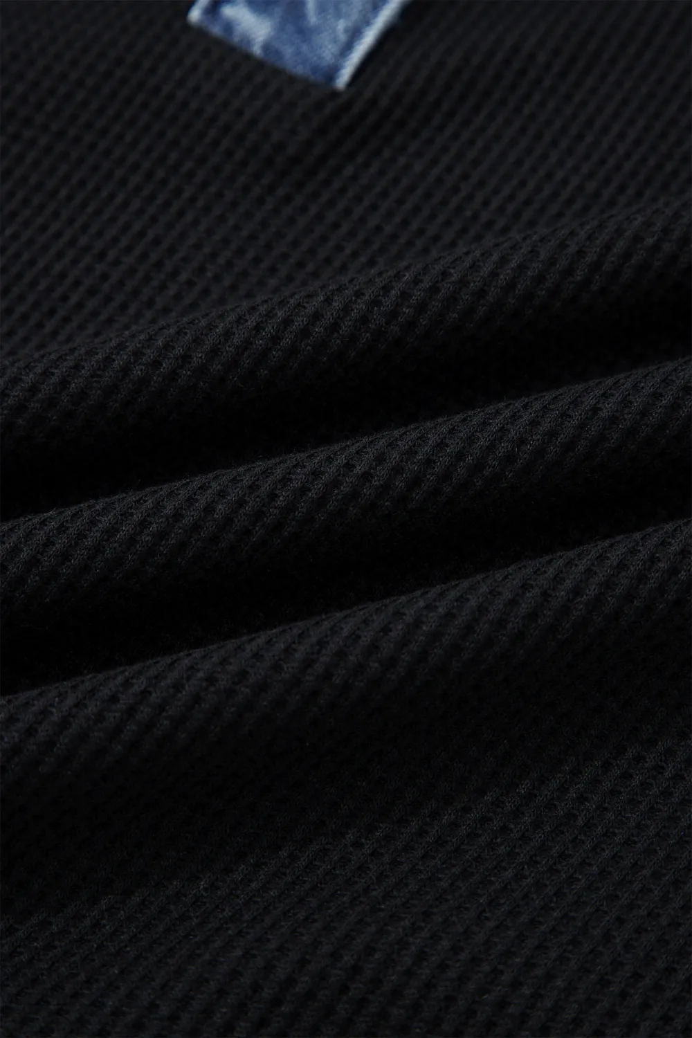 Black Waffle Knit Denim Contrast Top