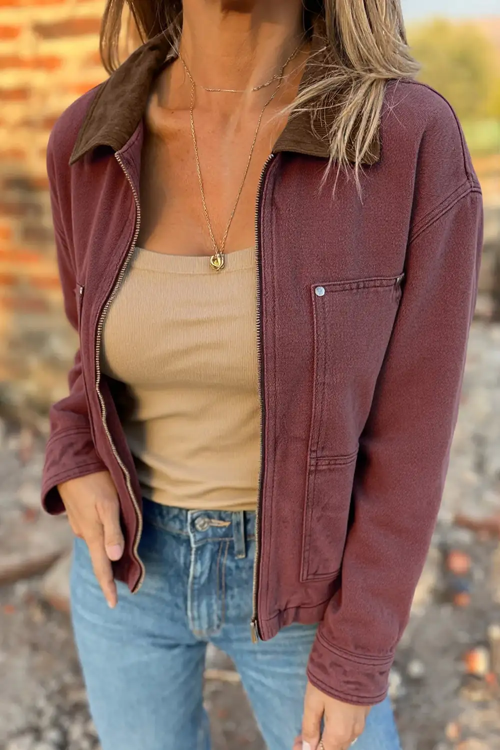 Women's Corduroy Collar Zipped Front Denim Jacket