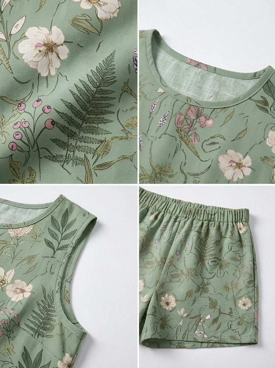 Women's Botanical Garden Floral Printed Sleeveless Shorts Set