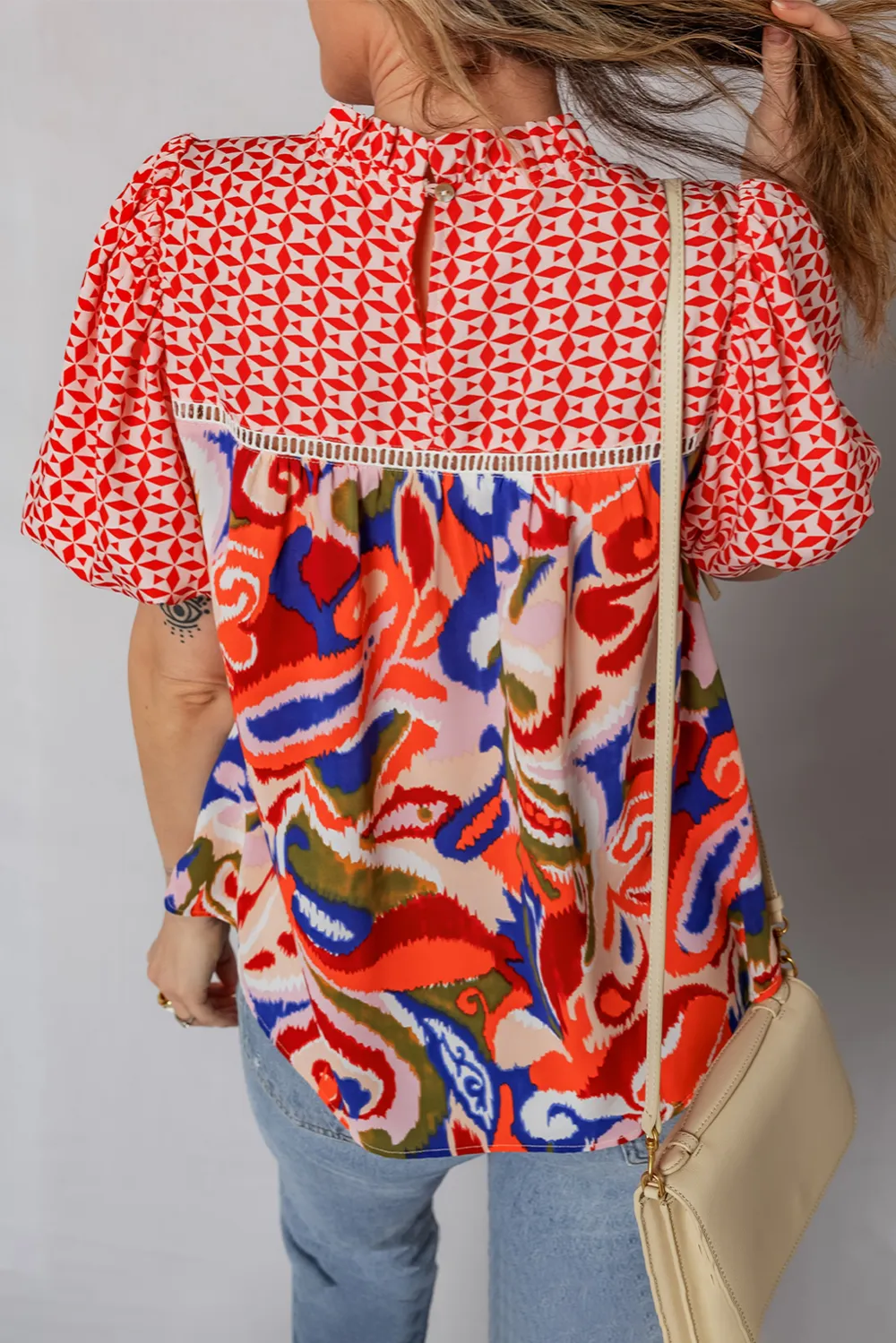 Red Paisley Geometric Mixed Print Blouse