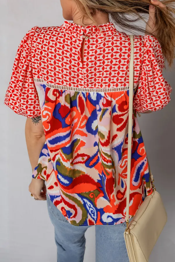 Red Paisley Geometric Mixed Print Blouse