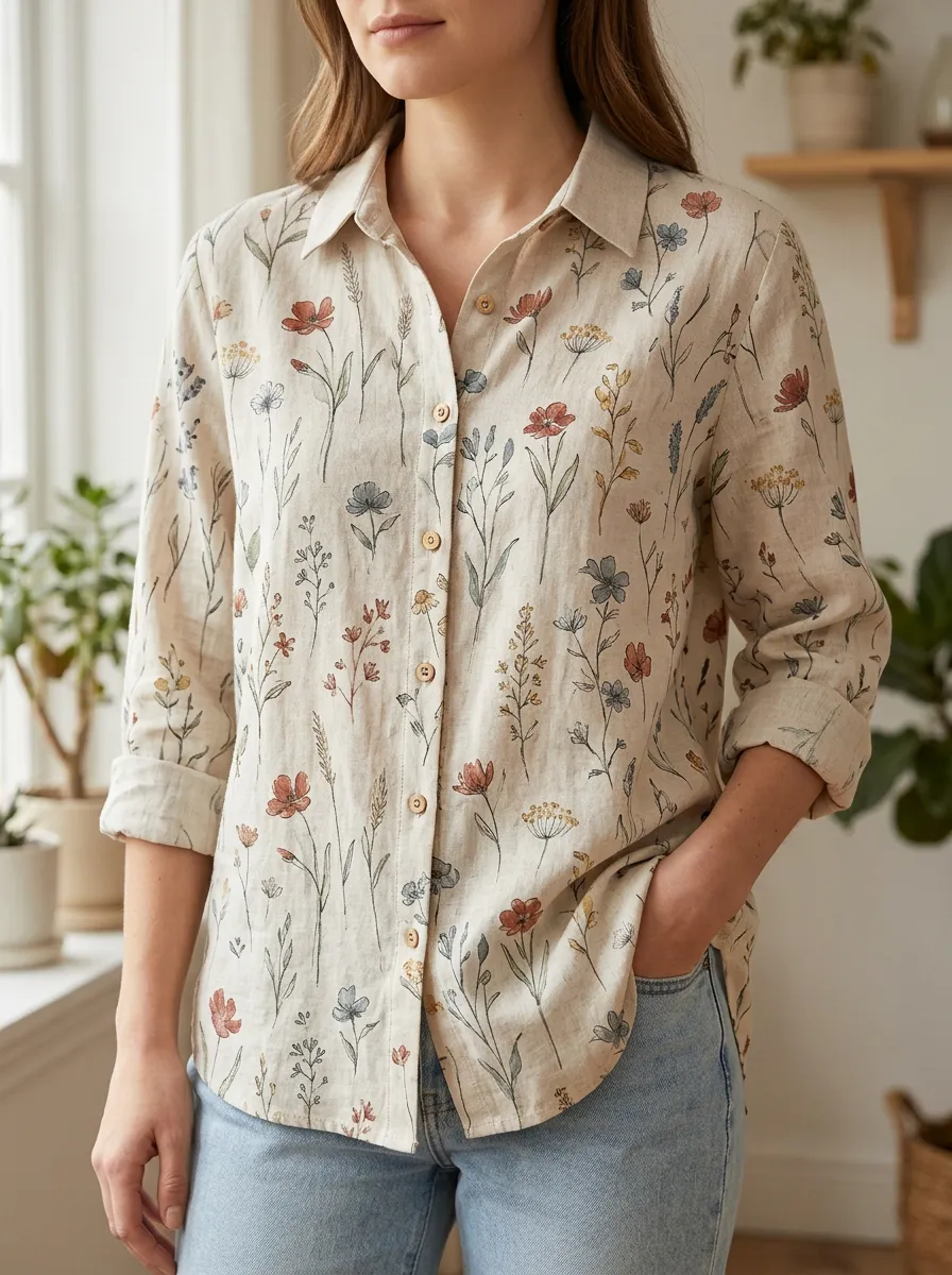 Women's Meadow Botanical Wildflower Linen-Look Shirt