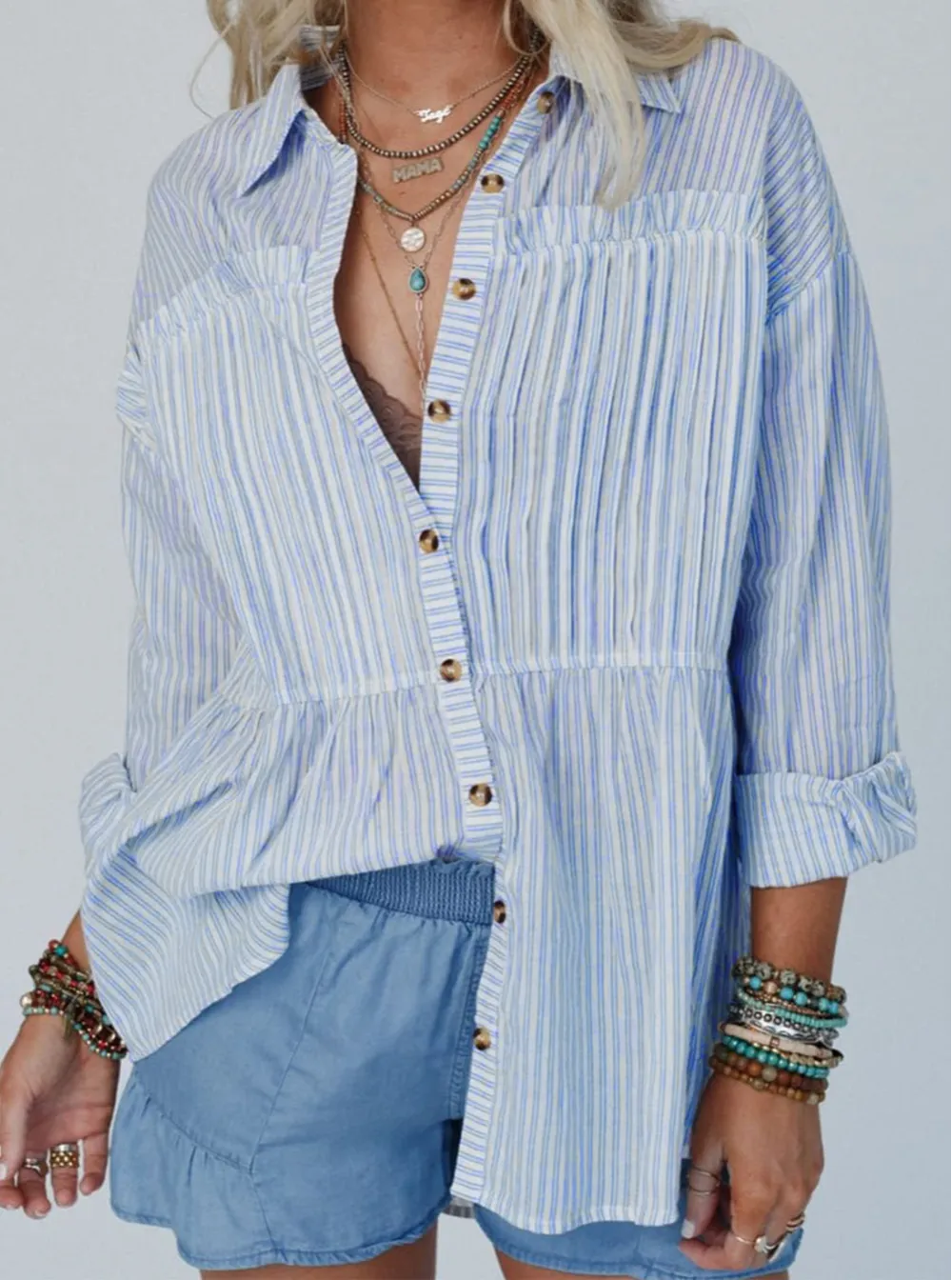 Everyday Striped Long Sleeve Button Front Shirt Blouse