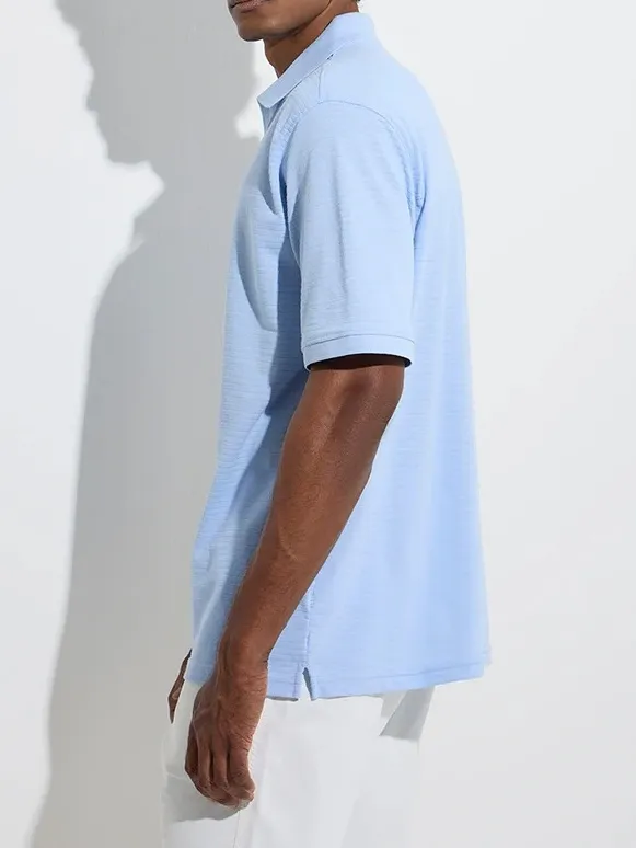 Blue Loose Cotton-Blend Polo T-Shirt