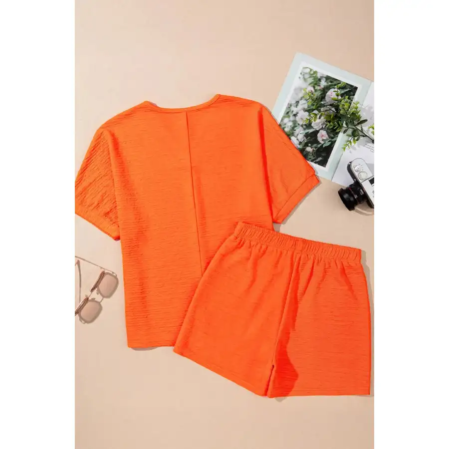 Textured V Neck T Shirt and Shorts Set