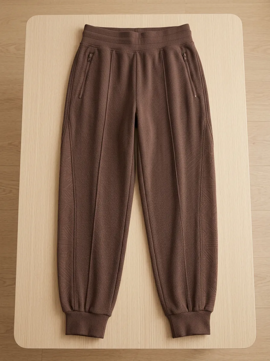 Women's Brown Waffle Knit Geometric Patterned Jogger Pants