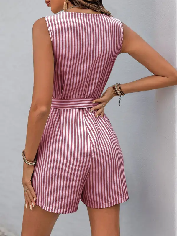 V Neck Sleeveless Striped Jumpsuit