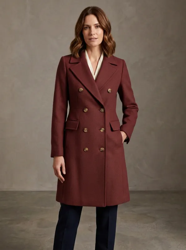 Women's Camel Double-Breasted Wool-Blend Tailored Coat