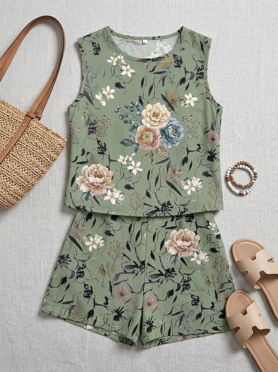 Women's Vintage Floral Botanical Printed Sleeveless Shorts Set