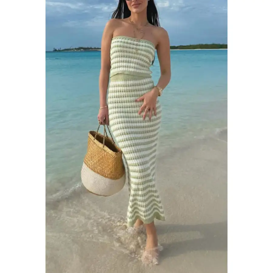 Contrast Striped Tube Top and Skirt Sweater Set