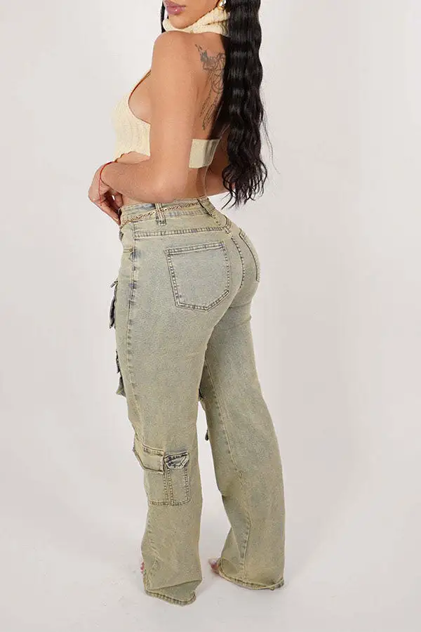 Green Distressed Washed Multi-Pocket Jeans