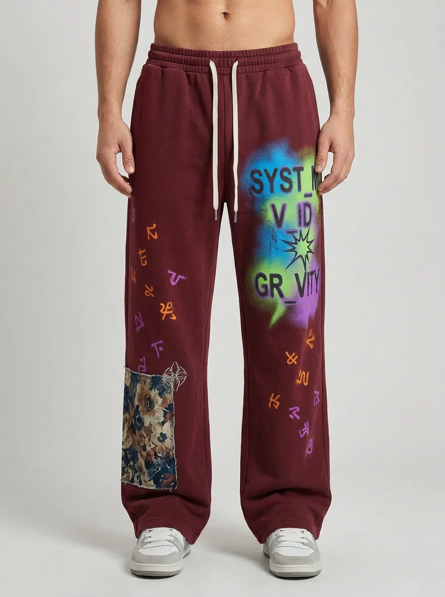 Men's Streetwear Graffiti System Gravity Floral Patch Printed Sweatpants