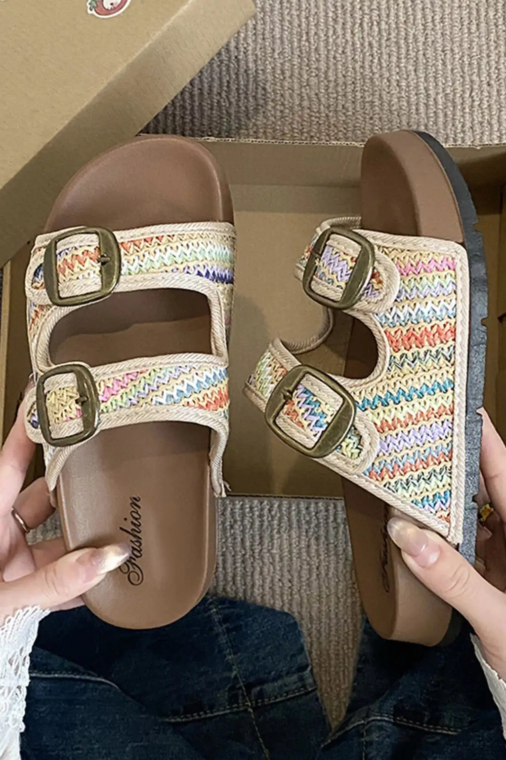 Boho Woven Buckle Cutout Flat Sandals