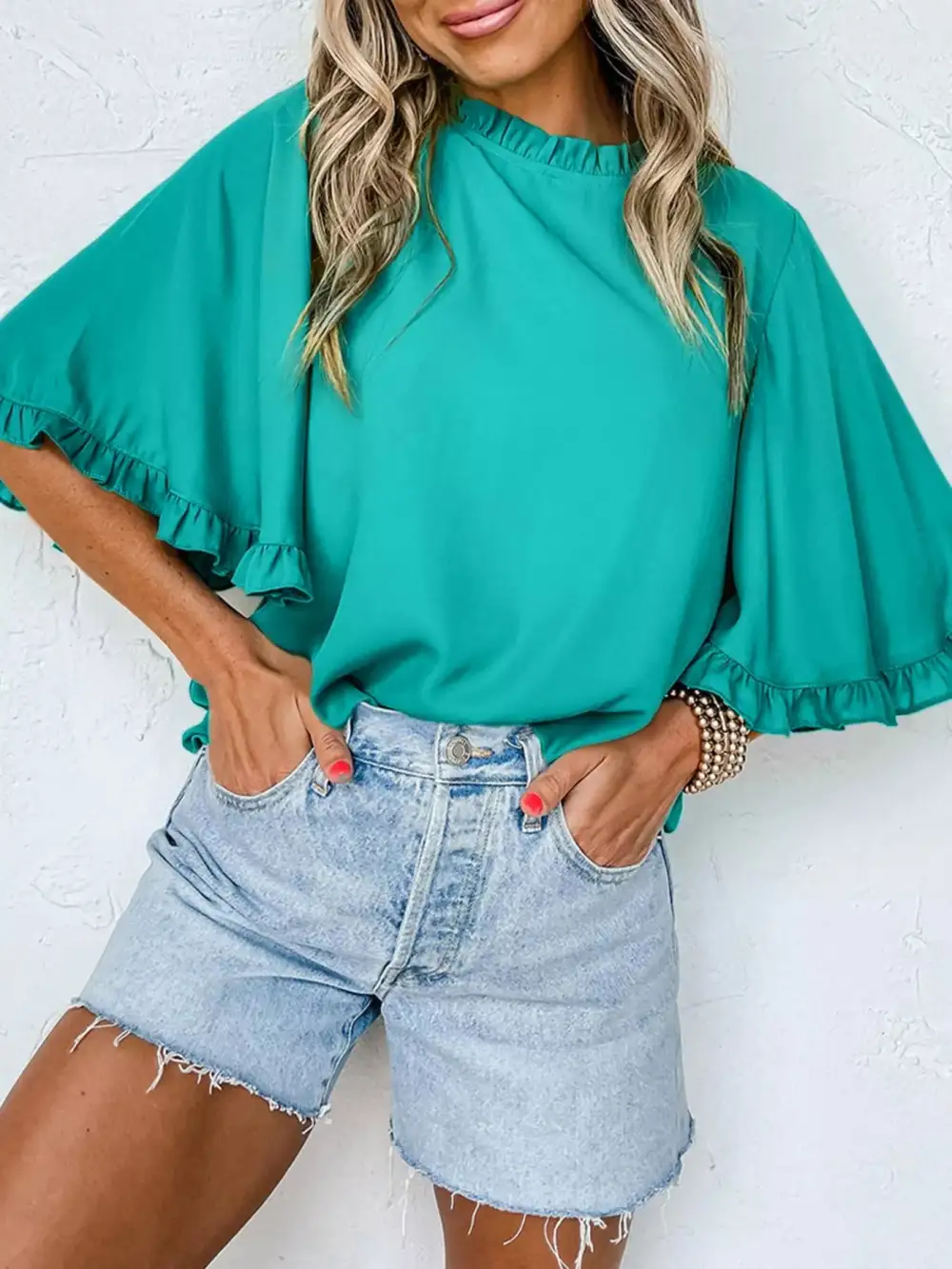 Ruffle Trim Half Sleeve Blouse