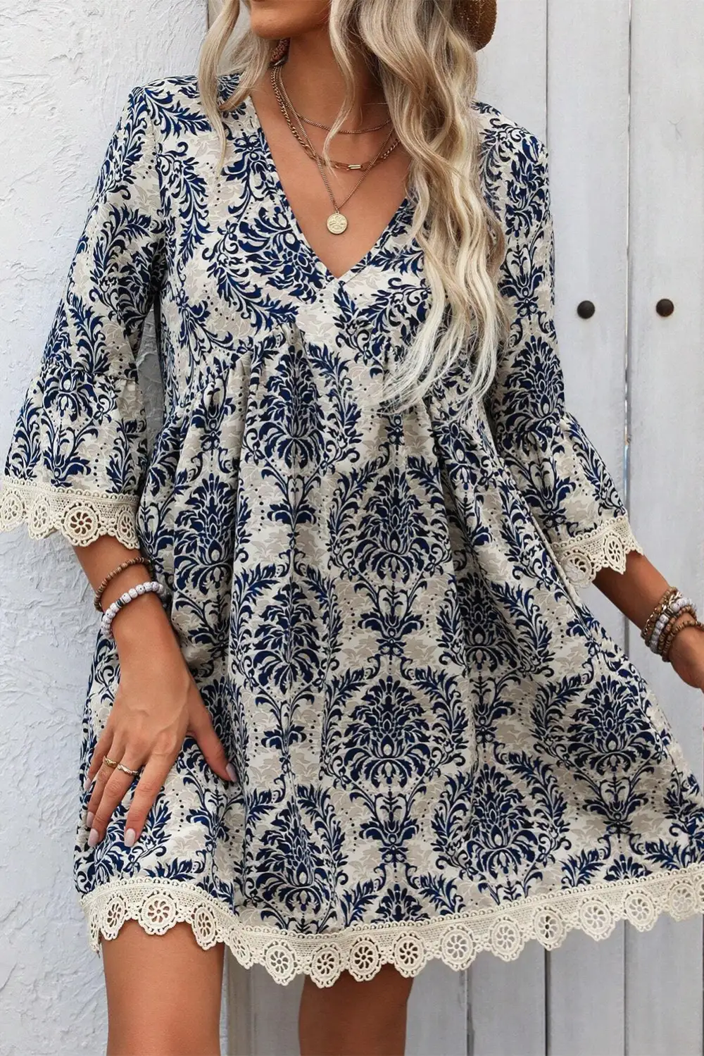 Vintage Printed Lace Trim V Neck Sleeve Loose Dress