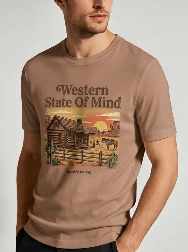 Men's Western State Of Mind Cabin Horse Desert Printed T-shirt