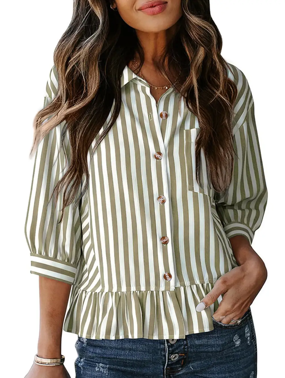 Stripe Button Three Quarter Sleeve Shirt