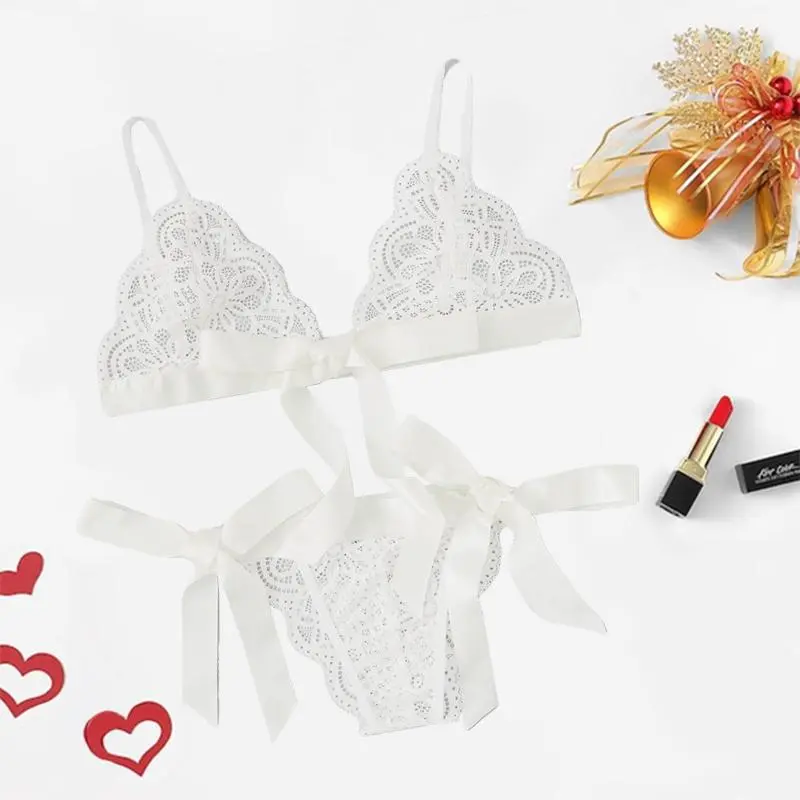 Satin Bow Floral Lace Lingerie Set