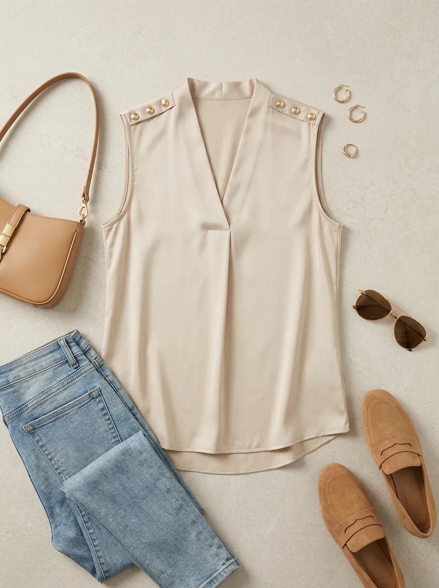 Office V-Neck Button Shoulder Sleeveless Blouse