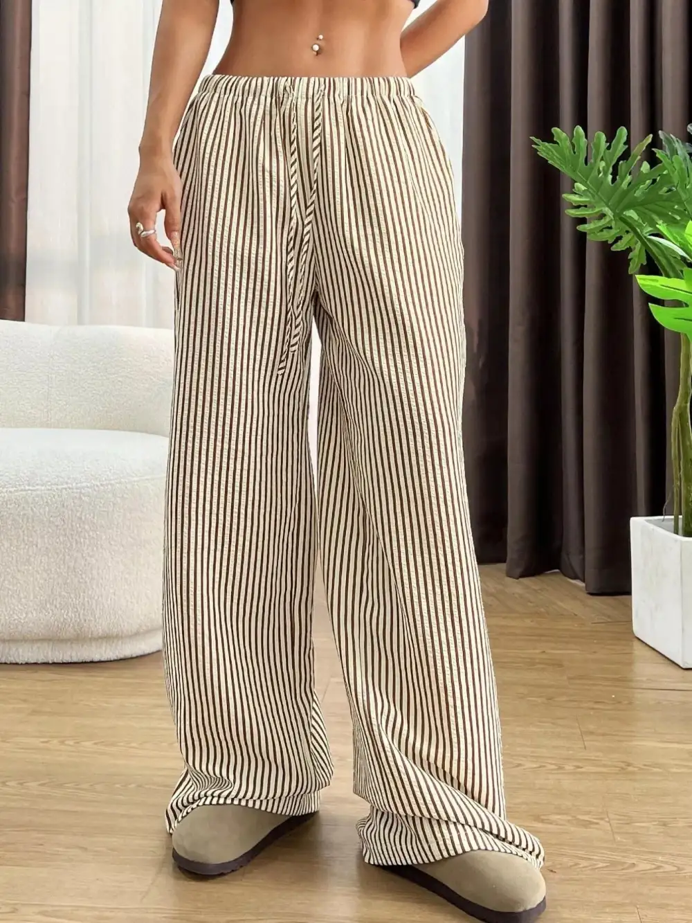 Wide Leg Drawstring Striped Pocketed Pants