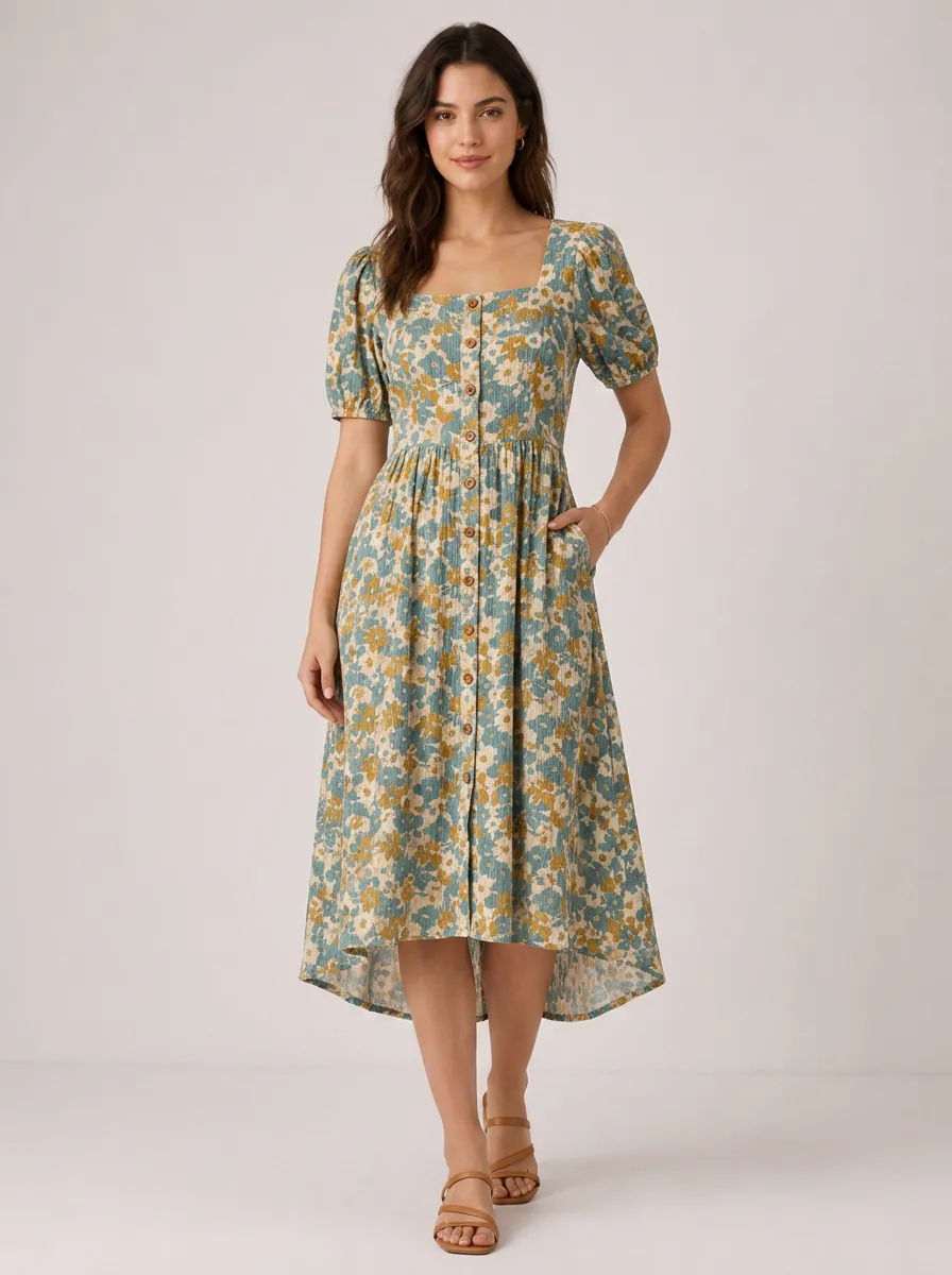 Women's Vintage Floral Square Neck Button Down Printed Dress