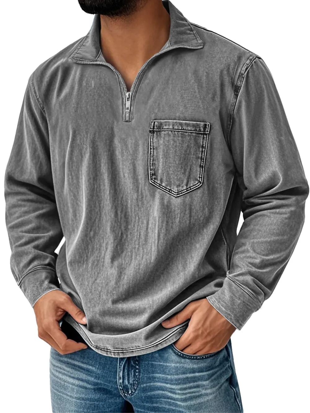 Garment Washed Zip Front Shirt