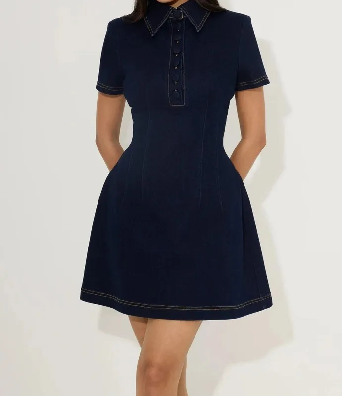 Dark Blue Denim Collared Mini Dress