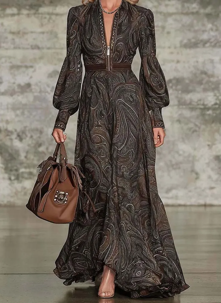 Retro Paisley Print Zipper Maxi Dress