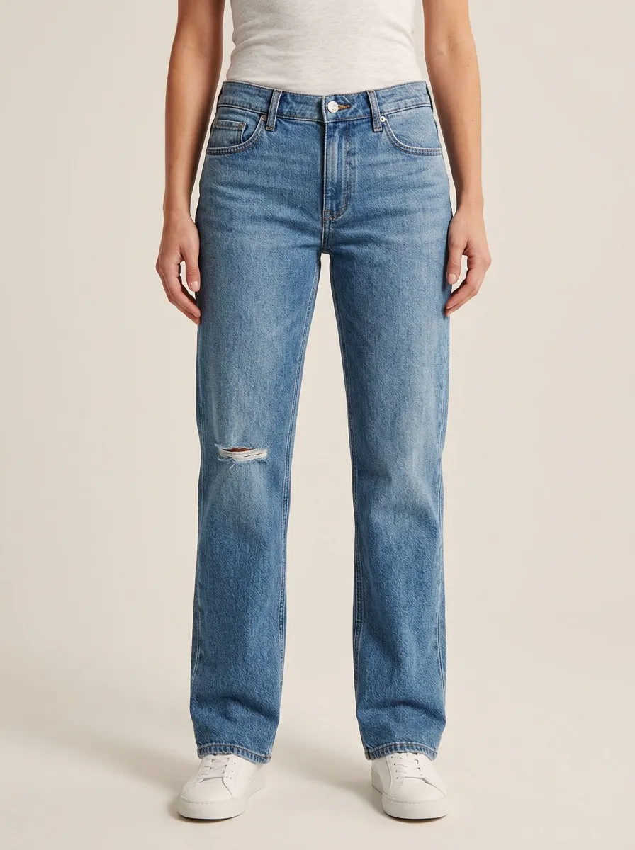 Women's Full-Length Right-Knee Distressed Mid-Rise Straight-Leg Jeans