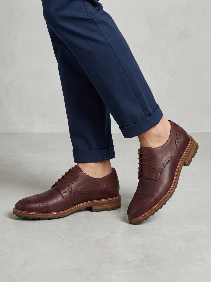 Men's Classic Burgundy Brogue Cap Toe Leather Oxford Shoes