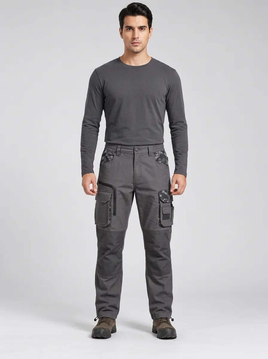 Men's Charcoal Grey Camo Multi-Pocket Tactical Cargo Pants