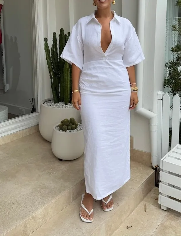 White Ruched Midi Dress