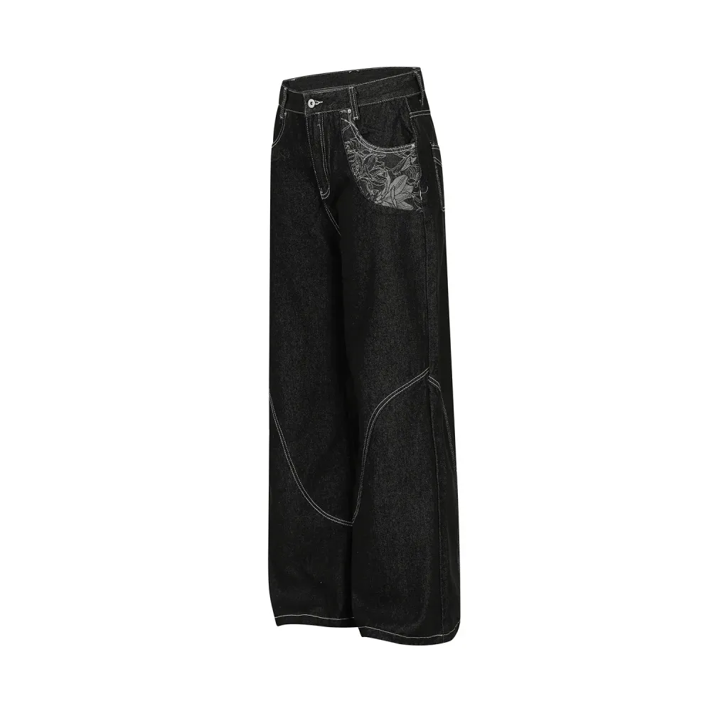 High-Street Embroidered Straight Denim Jeans